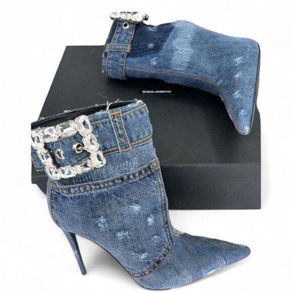 NWT DOLCE & GABBANA Dark Denim Patchwork DGLogo Rhinestone Ankle Boots S… - Picture 11 of 12